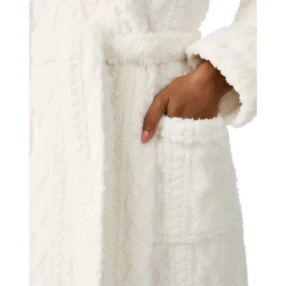 Room Service Womens Robe 2X Full Length Plush Ivory Cozy Lounge Cuffs Cable NEW